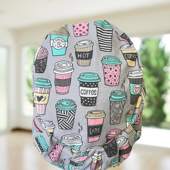 PREMIUM Coffee Print~ Euro Style Scrub Cap, Unisex Nurse Cap, Scrub Hat - Picture 3 of 4